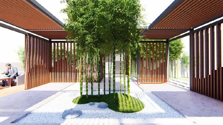 适合酒店,休闲的钢结构加铝方通设计成的风雨连廊