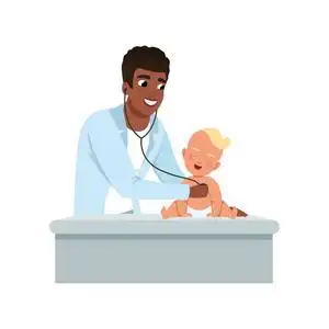 男性儿科医师在医生办公室做婴儿用听诊器的体检, 儿童保健在白色背景