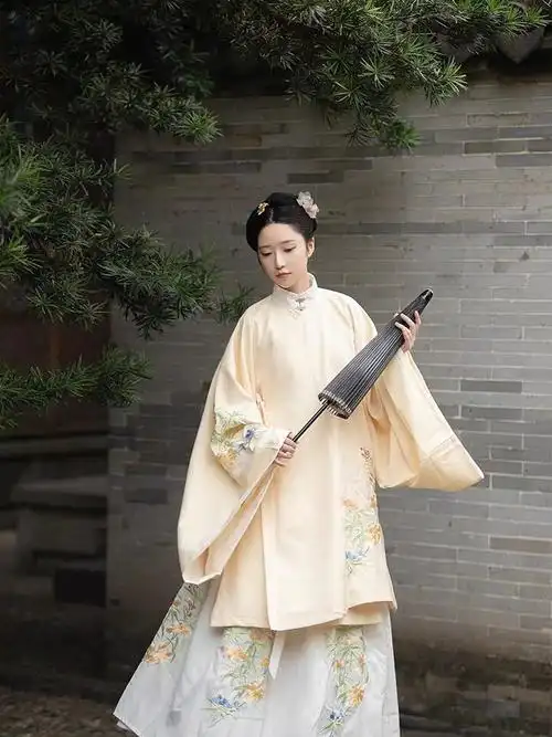 明制 立领斜襟刺绣双层长袄褶裙