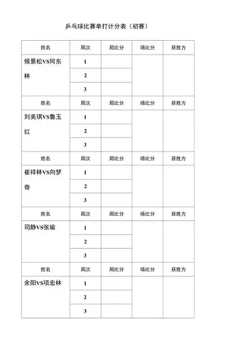 乒乓球比赛单打计分表