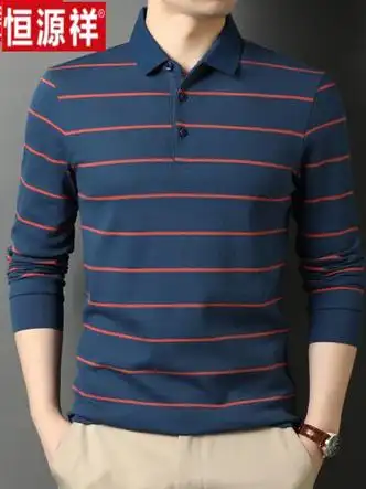 恒源祥纯棉长袖t恤男宽松休闲秋季款条纹polo衫中年男士爸爸体恤深蓝