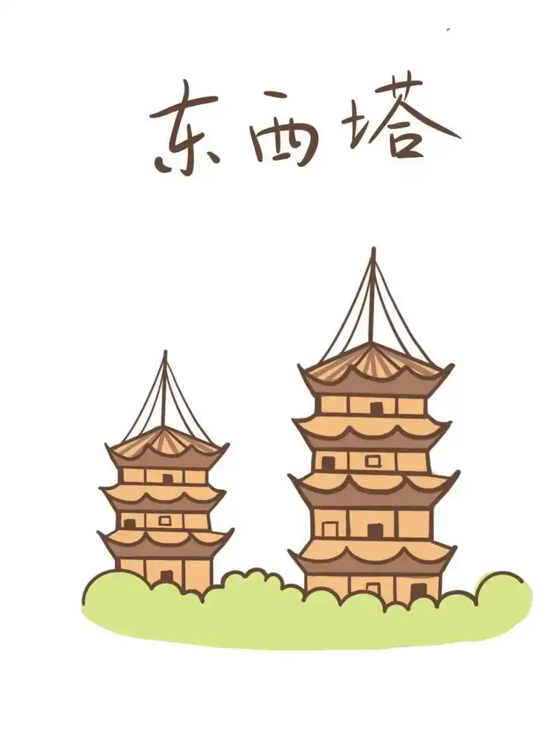 简笔画教程4|泉州古城建筑1 泉州东西塔,清净寺,钟楼,老君岩简笔画.