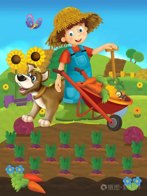 卡通农场场景与快乐的农夫