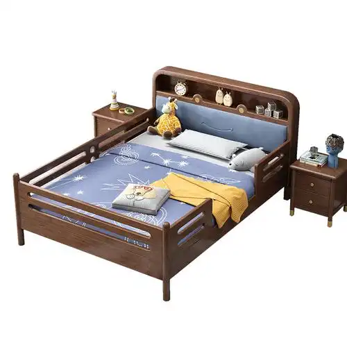 新中式实木儿童床儿童房青少年胡桃木护栏拼接加宽带led灯暖光床