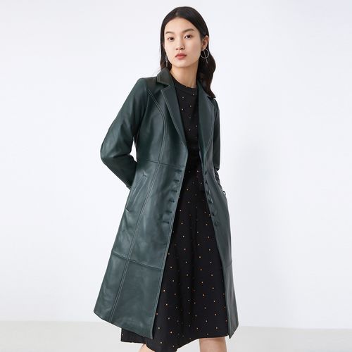 yiner音儿女装冬季中长款西装领真皮皮衣