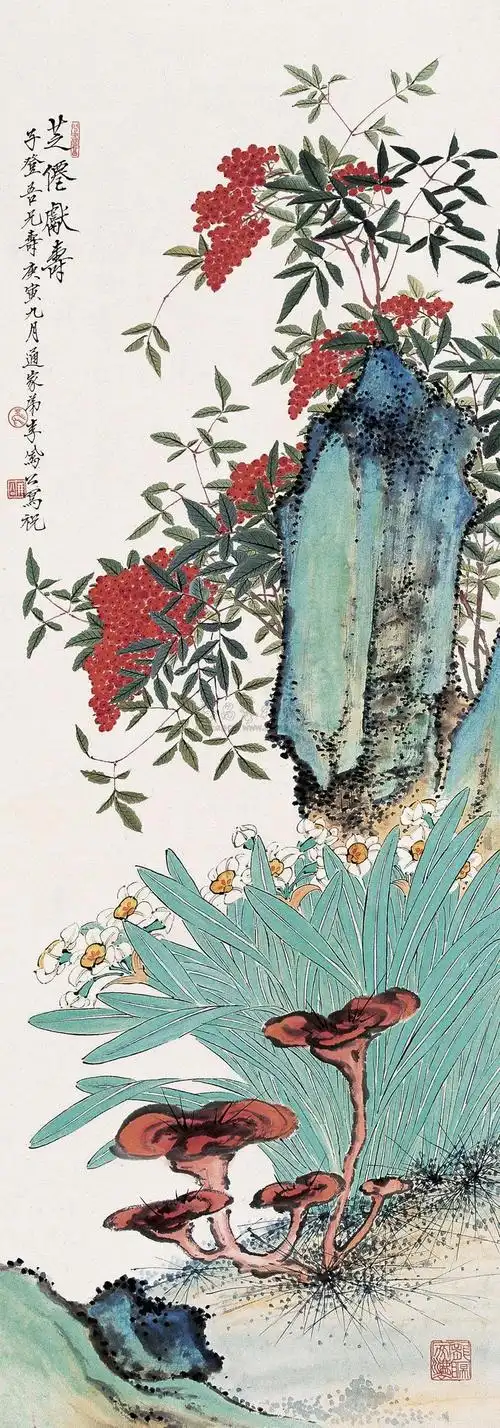 【庚寅(1950年)作 灵芝献寿 立轴 纸本】拍卖品_图片_价格_鉴赏_绘画