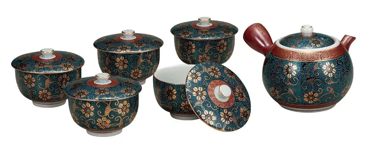 九谷烧 带盖茶具 套装 青粒 k4-801