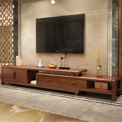 采百木caibaimu金丝胡桃木实木电视柜可伸缩中式现代客厅地柜组合小