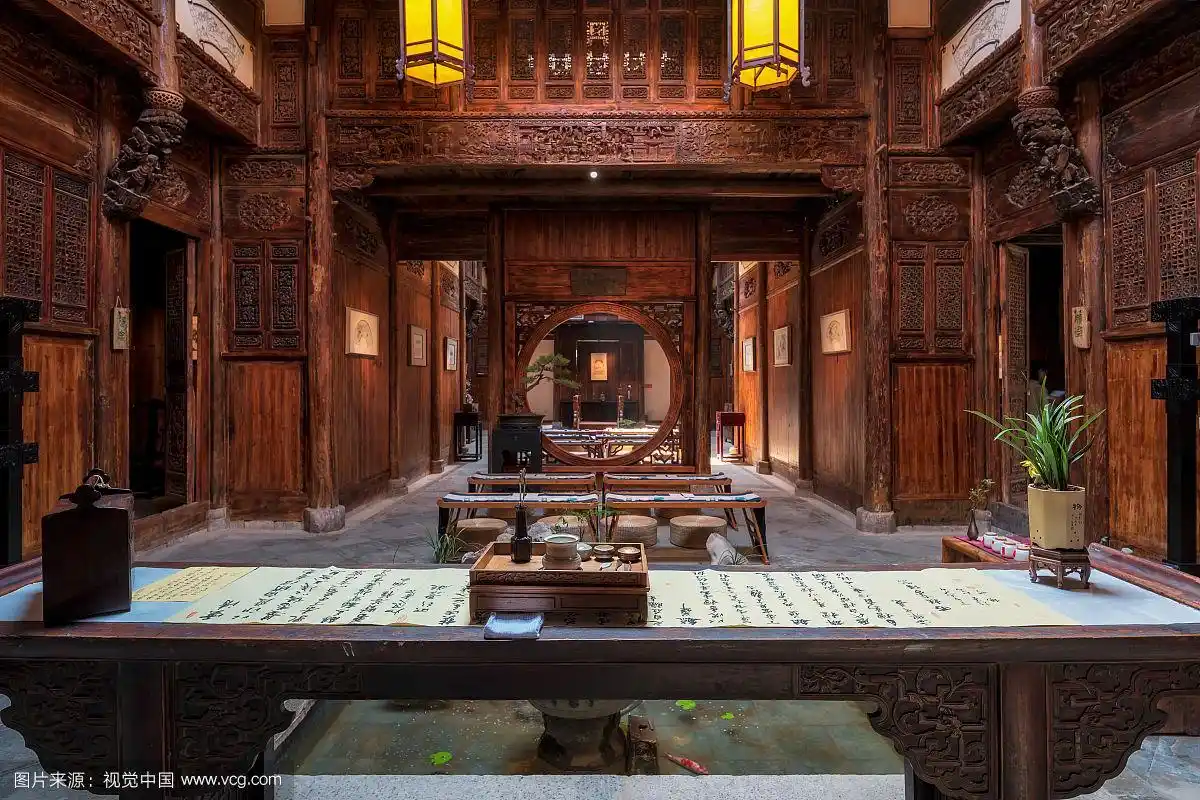 中式传统庭院徽派建筑室内景观