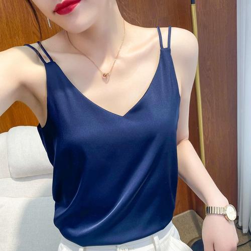 真丝吊带背心女内搭宽松外穿黑色无袖上衣春夏小西装桑蚕丝打底衫