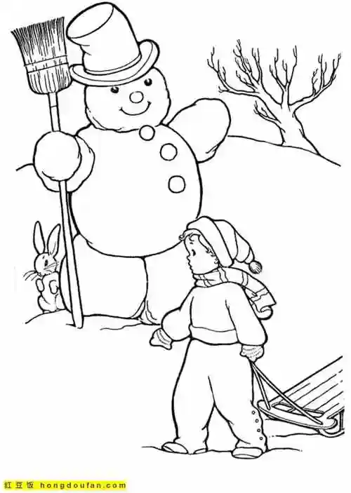 8张孩子们最喜欢的冬季活动堆雪人卡通涂色图片-红豆饭小学生简笔画