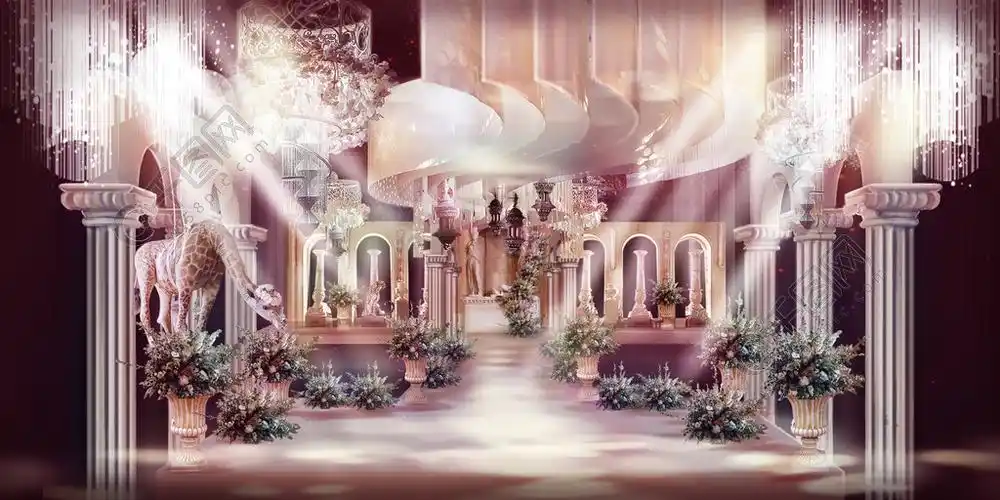 爱在罗马宫廷风浪漫水粉欧式婚礼背景墙舞台效果图