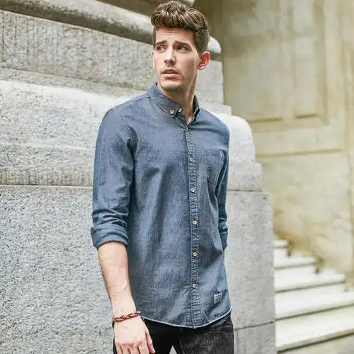 奢步士男装 春季新款纯色衬衫男长袖 欧美简约修身纯棉衬衣男青年