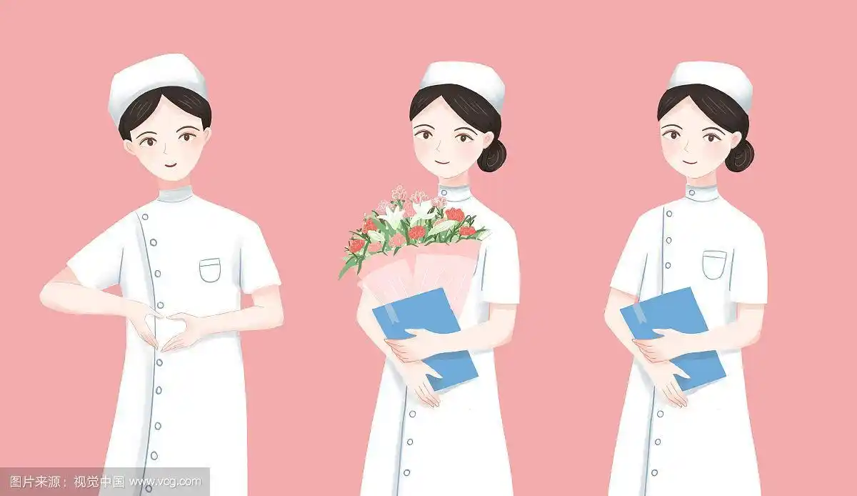 纯色背景上的三位护士医疗元素插画