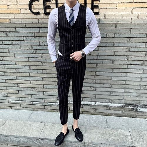 绅士英伦韩版修身条纹马甲男士西装马夹套装结婚伴郎礼服发型师潮