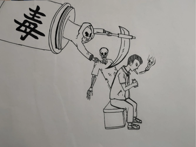 用简单黑笔绘出毒品如死神一般,取人灵魂,害人生命.