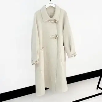 hkzl双面羊绒大衣女中长款2023年新款长毛牛角扣过膝加厚羊毛呢外套米