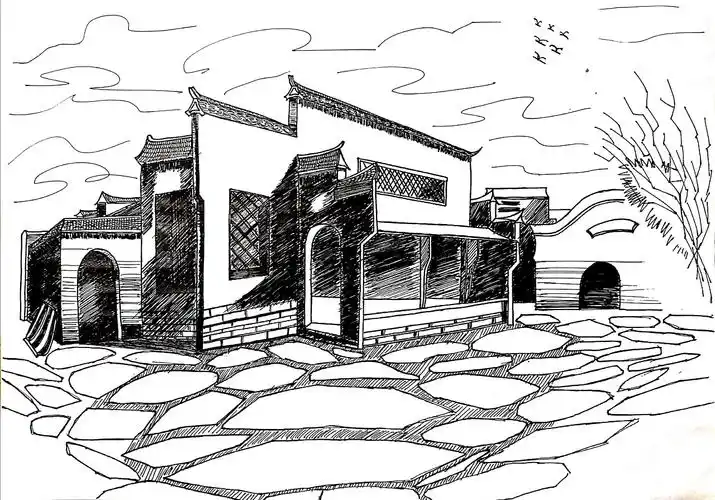 徽式建筑景观手绘