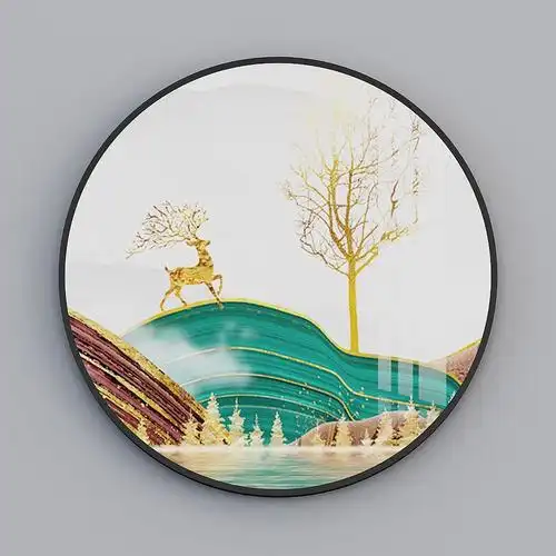 艾尔兰装饰画高档新中式北欧简约造型正圆形个性艺术山水画水墨画客厅