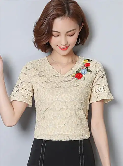 陌橡moshine喇叭袖上衣2017夏装新款女装v领雪纺镂空宽松短袖蕾丝衫gd