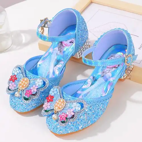 学生舞蹈表演女孩子水晶鞋儿童高跟鞋网红水钻爱莎女童公主鞋新款
