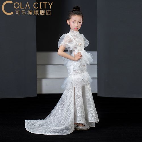 女童礼服走秀长拖尾鱼尾儿童婚纱小孩主持人服装儿童礼服