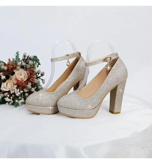 防水台高跟鞋水晶鞋婚鞋女高跟婚纱鞋新娘鞋香槟色伴娘鞋粗跟宴会演出