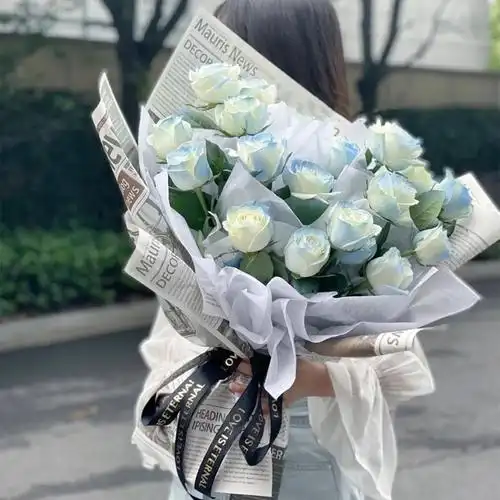 网红抖音密西根碎冰蓝渐变色伊莎贝拉卡布奇诺玫瑰鲜花束佛山中山