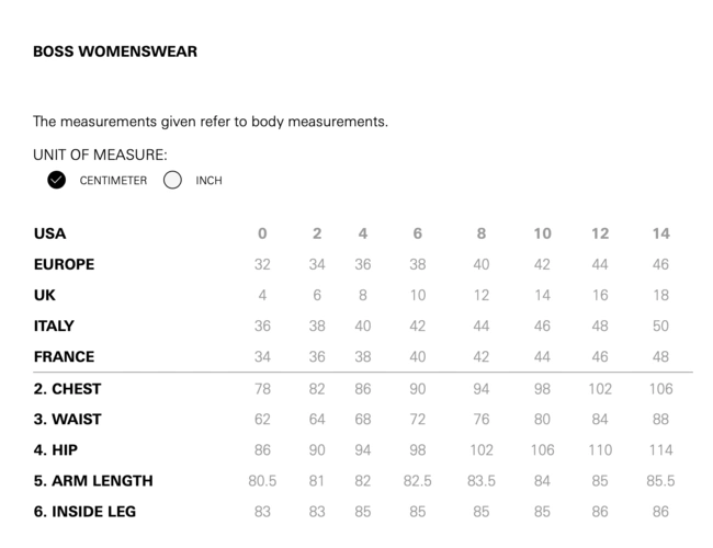 hugo boss 雨果博斯女士单西-xssml品牌尺码表大全_对照表_选码助手