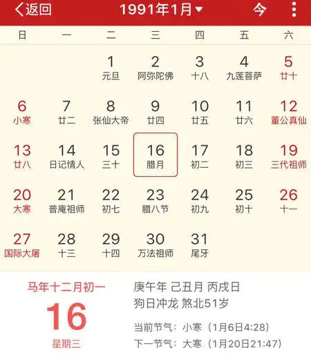 阳历1991年1月16日农厉是几月几日