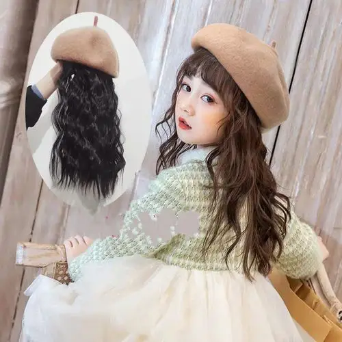 假发儿童贝雷帽子一体时尚时尚潮流长卷发网红秋冬款羊毛卷全头套