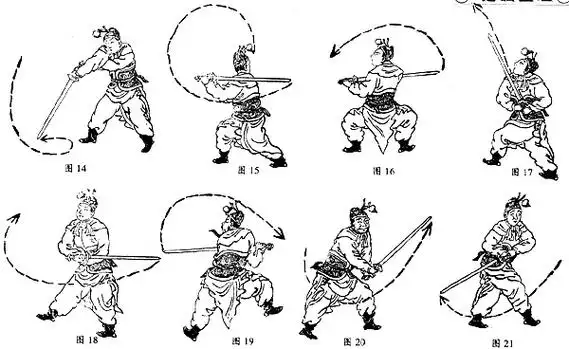 剑套路传了下来,如通备拳派,螳螂拳派,八卦掌中,都有双手运使的剑法