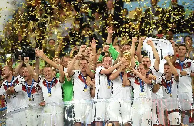 2014年巴西世界杯决赛中,德国队以1比0战胜阿根廷队,获得冠军.