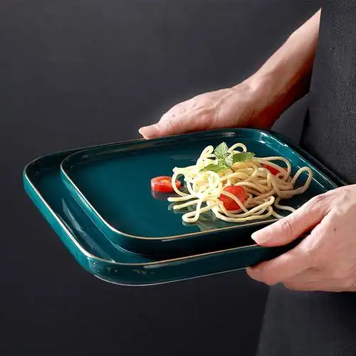 北欧陶瓷西餐盘墨绿色家用正方形餐具家用牛排盘子餐具金边长条盘