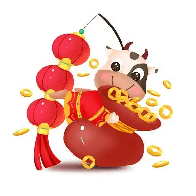 新年卡通可爱风格立体提抱金币袋子的小牛过年牛年素材