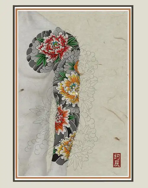 牡丹花臂|北京纹身|传统纹身|纹身手稿_纹身_牡丹_日式老传统纹身_美