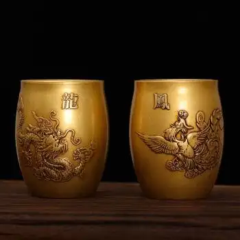 铜茶盅铜茶杯酒杯龙凤呈祥夫妻杯纯黄铜手工制作古意 一对【图片 价格