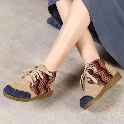 秋冬复古透气棉麻牛筋麻鞋高帮短靴