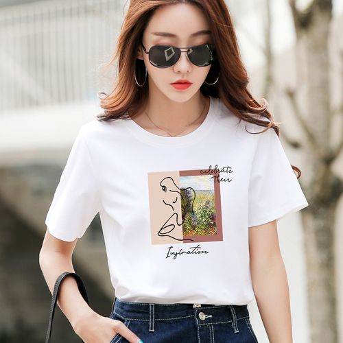 冰氧吧女装短袖t恤女秋2021新款显瘦时尚印花打底衫圆领冰棉上衣