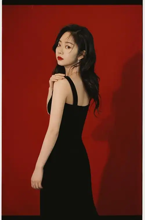 谭松韵穿黑丝绒吊带长裙 红唇大波浪气场十足
