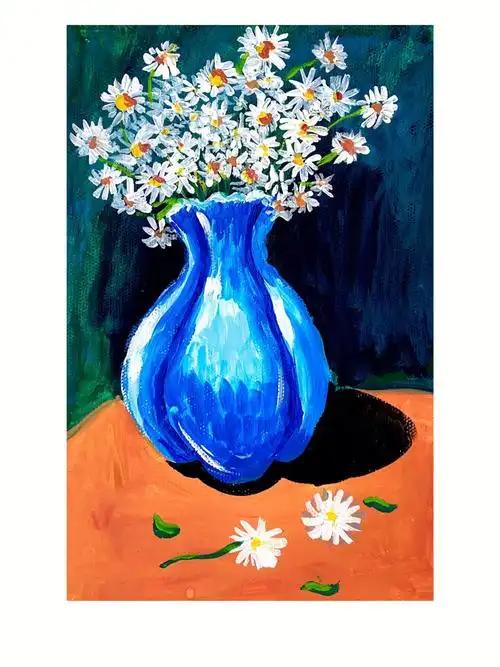 蓝色花瓶里的雏菊水粉画