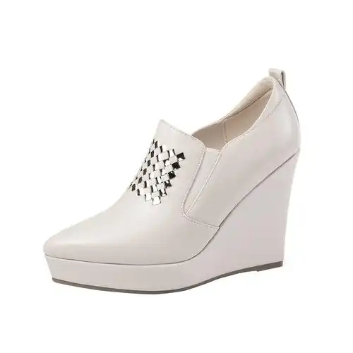 米白色气质坡跟女士单鞋2020秋季新款设计感尖头深口防水台高跟鞋