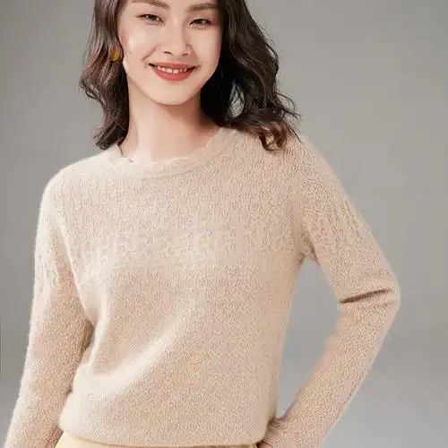 圆领100纯山羊绒衫女冬季针织打底羊毛镂空保暖花型宽松内搭毛衣