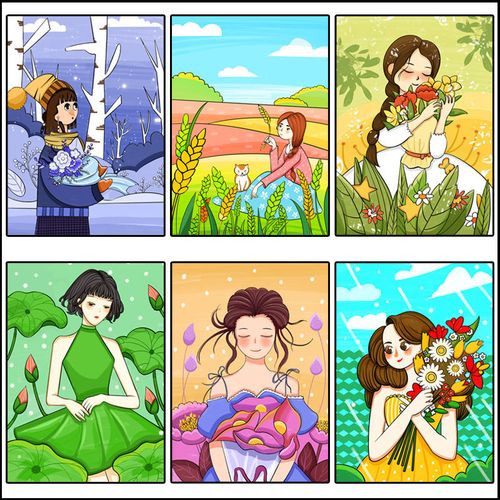 少儿创意美术女孩漫画临摹卡儿童马克笔手绘卡通动漫人物临摹卡片