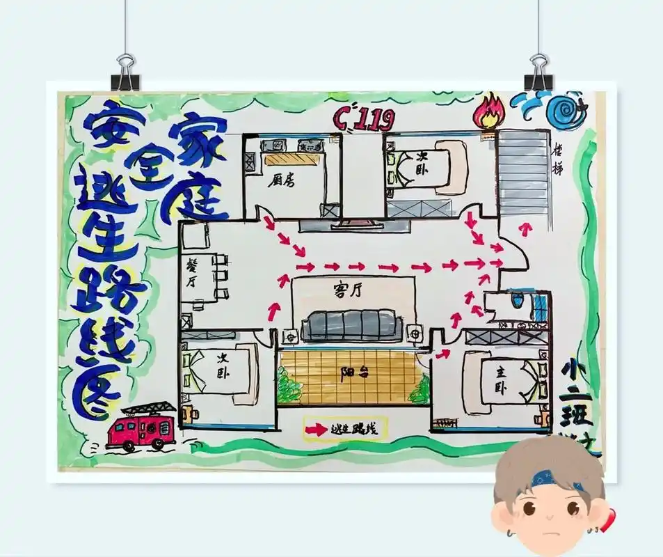 家庭逃生路线图 也走上做作业这条路了 有参考别人的,大概就画了个这