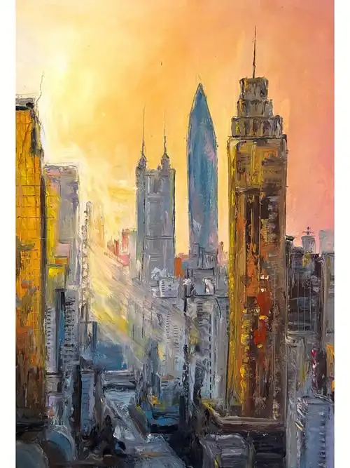 油画棒城市风景原创高楼大厦附步骤