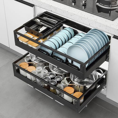 厨房拉篮不锈钢缓冲抽屉双层调味料橱柜内置收纳拉篮