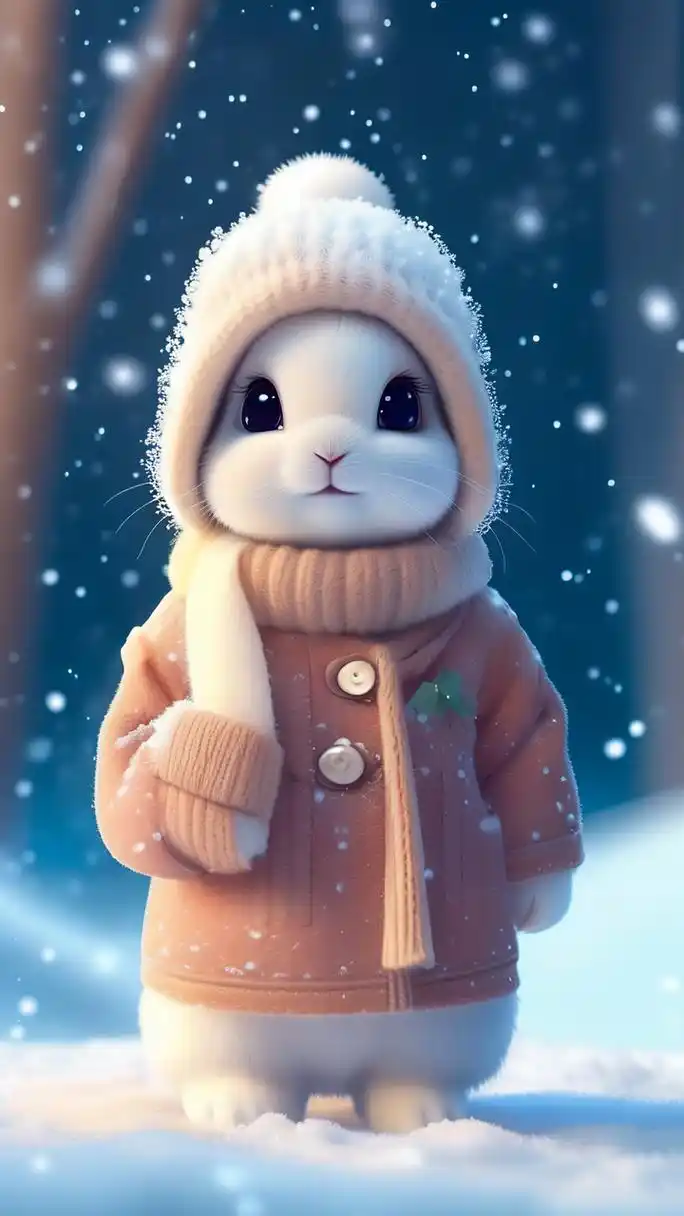 在这个寒冷的冬日,小兔子穿着温暖的冬装,站在雪地里,展现出可爱,呆萌