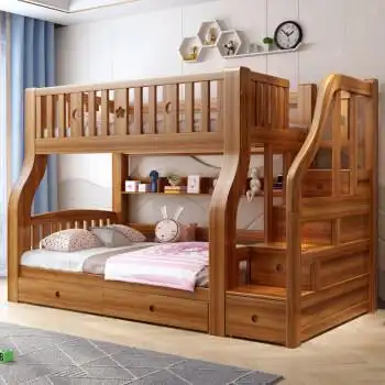 木上下床 实木胡桃木儿童上下双层床多功能大人两层上下铺木床高低 梯