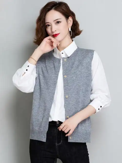 马甲女针织开衫背心外套坎肩薄款秋冬圆领百搭马夹无袖毛衣纯羊毛